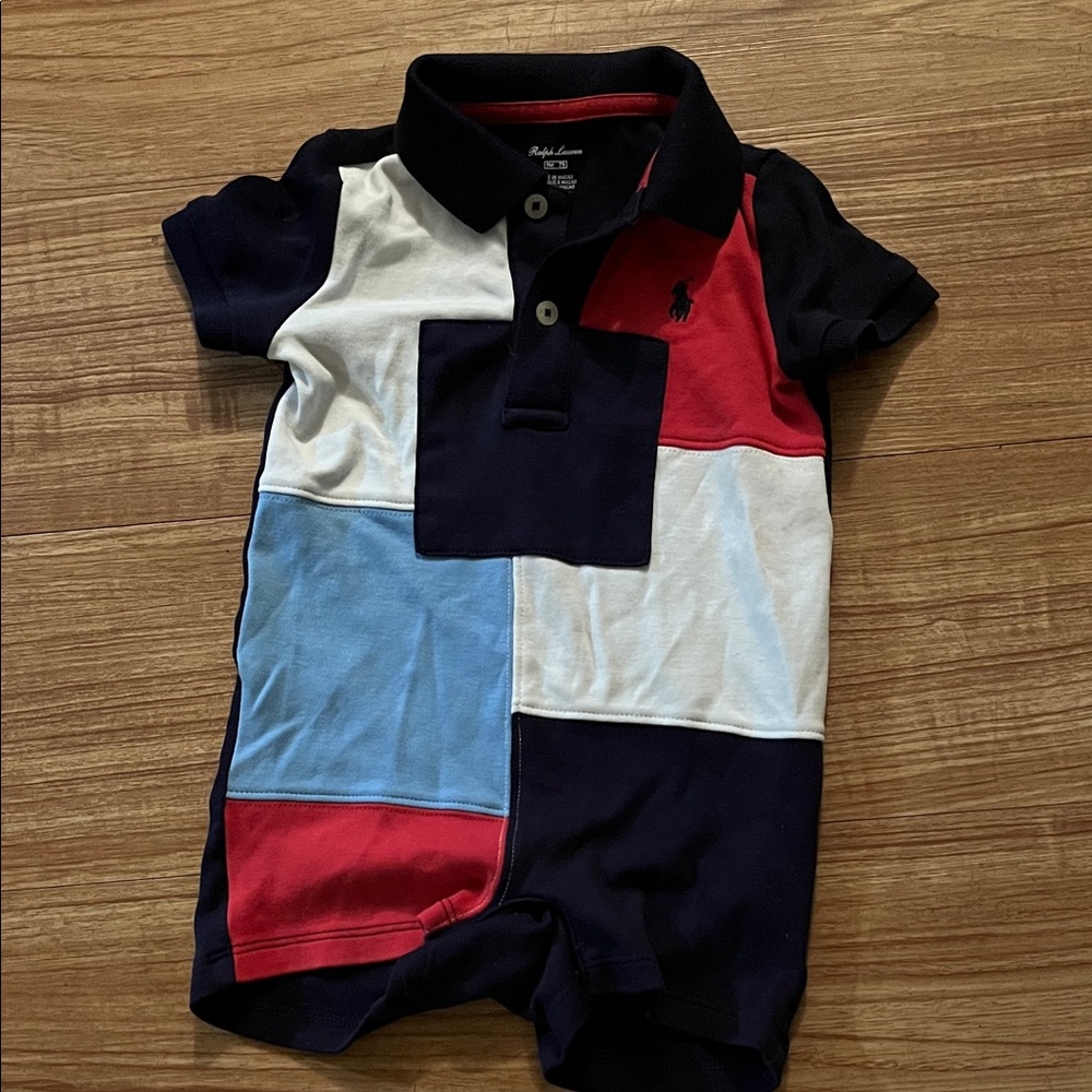 Ralph Lauren Multicolor Polo Romper, boy’s size 9 months - Great Condition!!